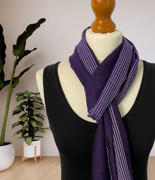 This Unisex Purple Striped Scarf Is the Perfect Piece of Affordable And Ethical Fashion. Handwoven In Egypt In Ladies Social Enterprise Weaving Cooperative.