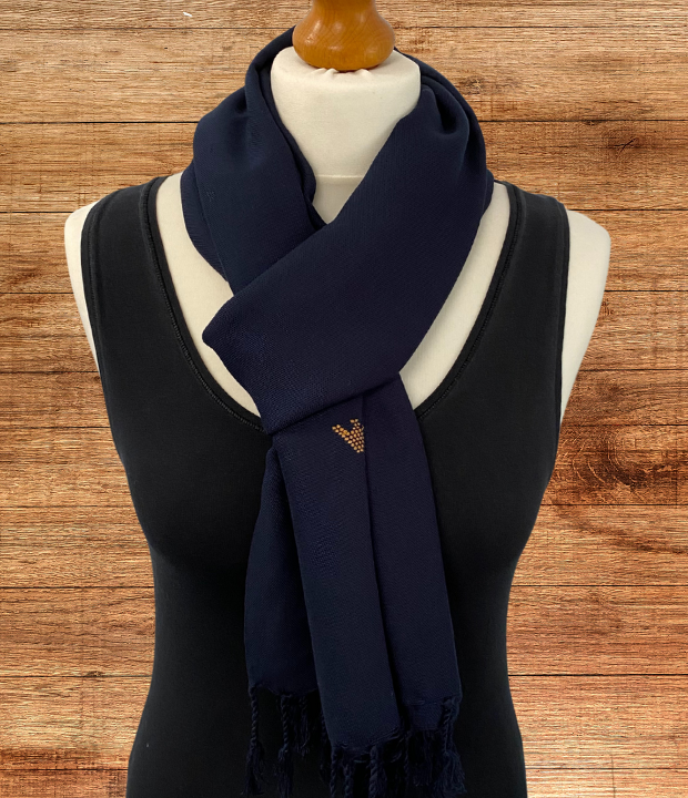 Handwoven Navy Scarf With Hand Embroidered Motif. Lightweight All Season Ladies Shawl. Ethical Fashion At Affordable Prices. Shop UK Small Business Today.