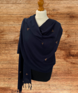 Navy Shawl For Layering With Hand Embroidered Motif. Lightweight All Season Ladies Shawl. Ethical Fashion At Affordable Prices. Shop UK Small Business Today.