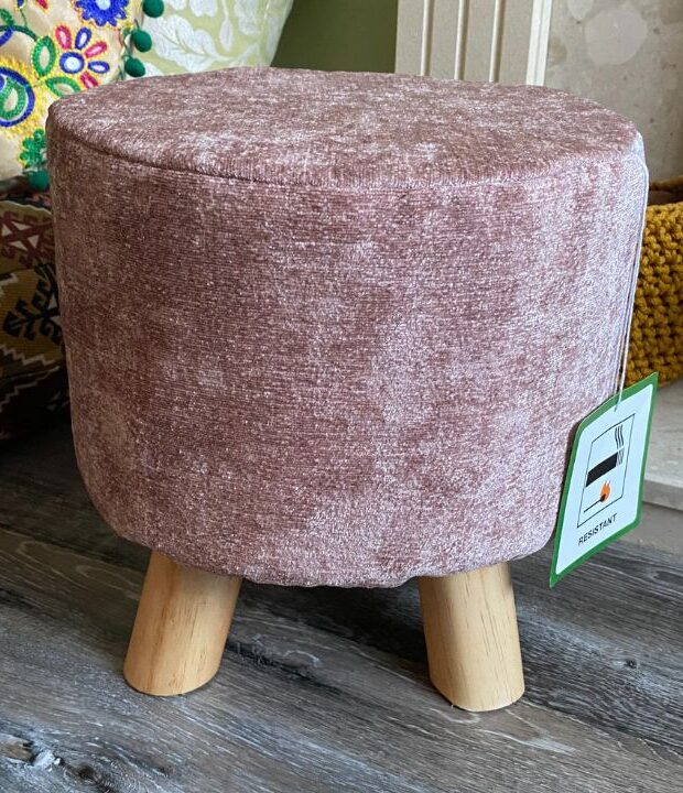 Round, Contemporary Pink Footstool Handcrafted By Neith Textiles. Lovely Chenille Upholstered Foot Stool And A Great Mini Coffee Table. Give Your Feet A Treat!