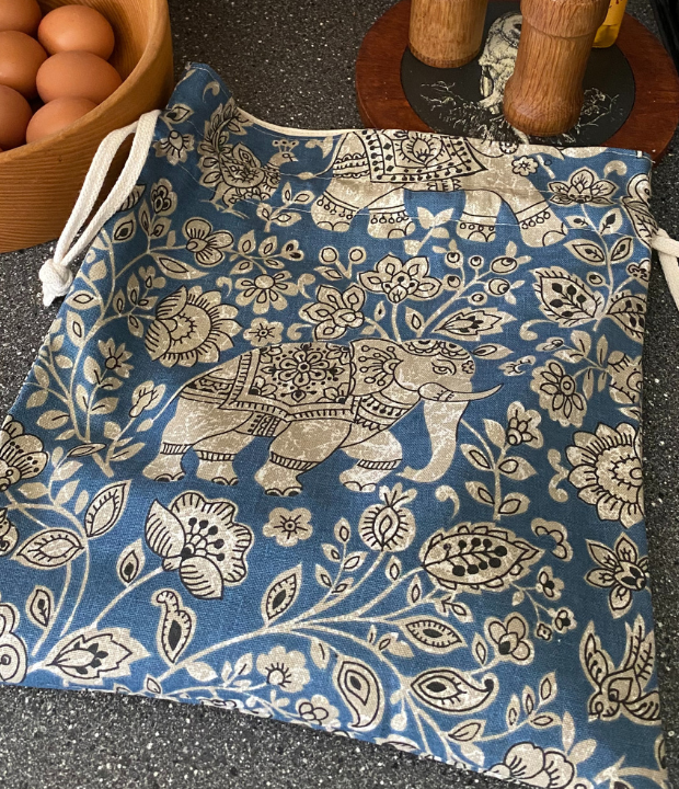 Banneton blue storage bag or produce bag. Our eco friendly gift bags can keep being used and are the perfect bag to gift artisan bread or homemade produce.