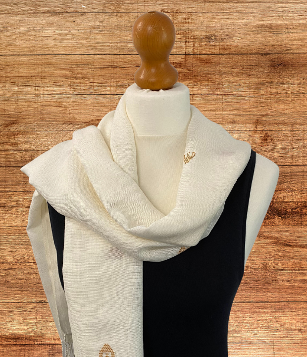 Handwoven Cream Scarf With Hand Embroidered Motif. Lightweight All Season Ladies Shawl. Ethical Fashion At Affordable Prices. Shop UK Small Business Today.