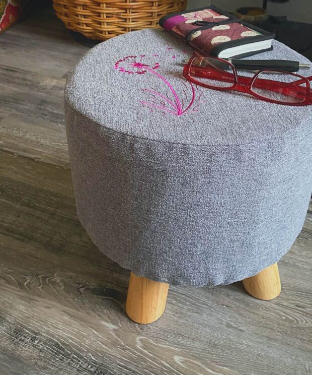 Pink Dandelion And Grey Footstool. Perfect Modern Home Accessory. Ideal For Feet And For Trays Of Drinks, Magazines And Books. Remaveable, Washable Cover